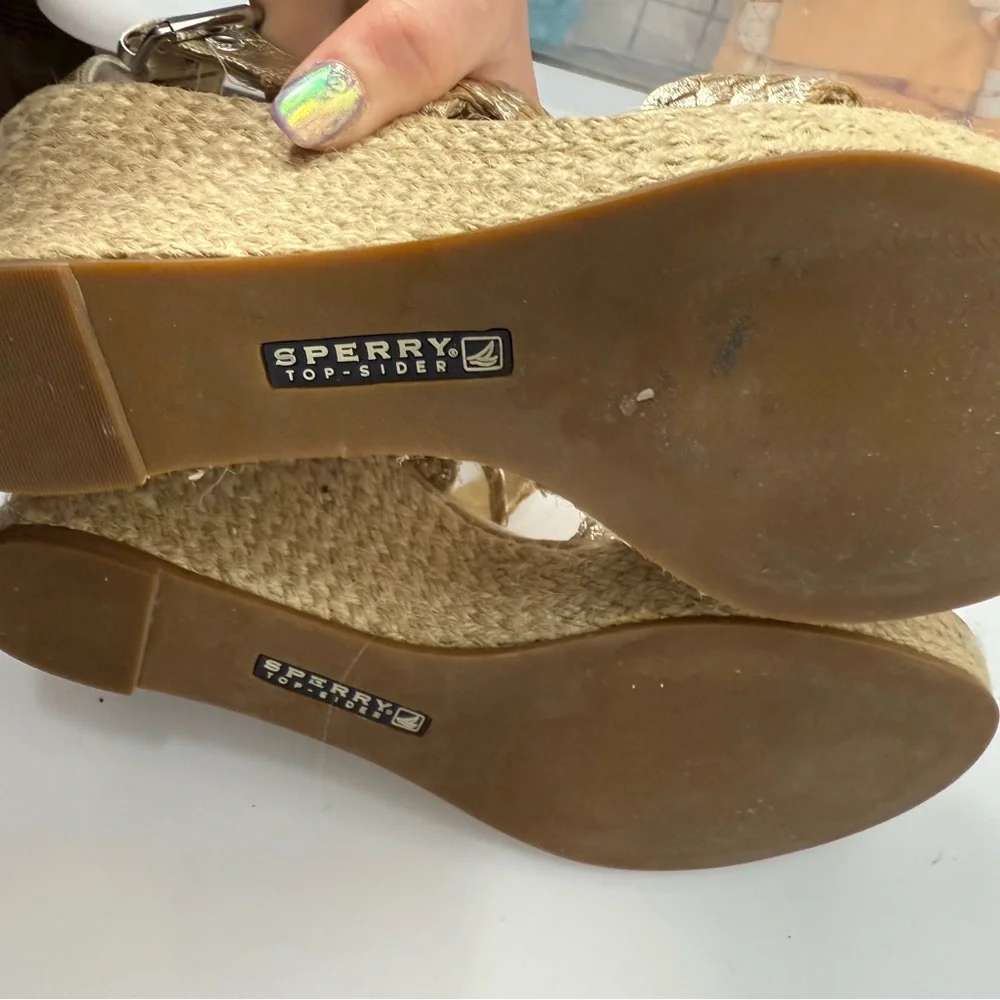 Sperry Top-Sider Wedge Leather Gold Ankle Strap Espadrille Sandals Size 8.5